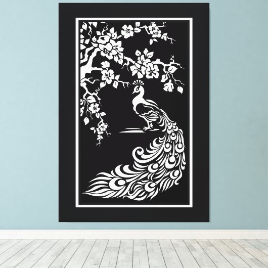 Zwarte witte pauw en kersenbloesems op maat canvas afdruk (Insitu (Houten vloer))