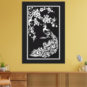 Zwarte witte pauw en kersenbloesems op maat canvas afdruk (Insitu (Woonkamer))