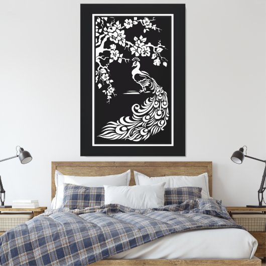 Zwarte witte pauw en kersenbloesems op maat canvas afdruk (Insitu (Slaapkamer))