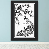 Zwarte witte pauw en kersenbloesems op maat canvas afdruk (Insitu (Houten vloer))