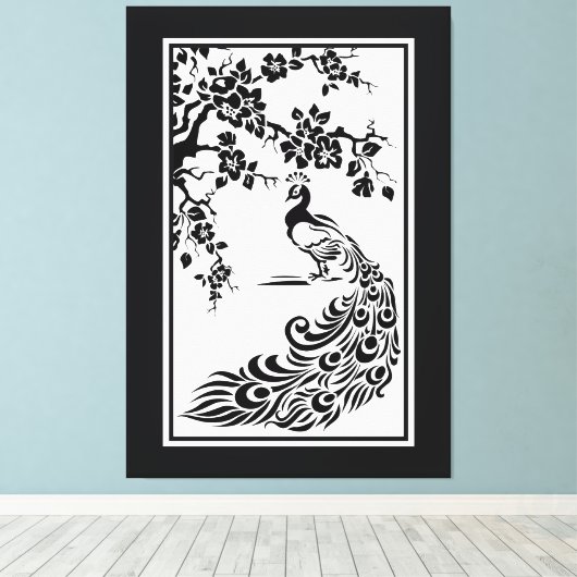 Zwarte witte pauw en kersenbloesems op maat canvas afdruk (Insitu (Houten vloer))