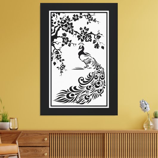 Zwarte witte pauw en kersenbloesems op maat canvas afdruk (Insitu (Woonkamer))
