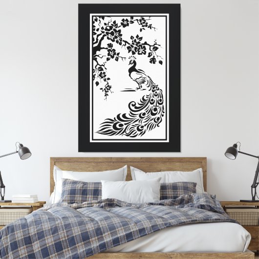 Zwarte witte pauw en kersenbloesems op maat canvas afdruk (Insitu (Slaapkamer))