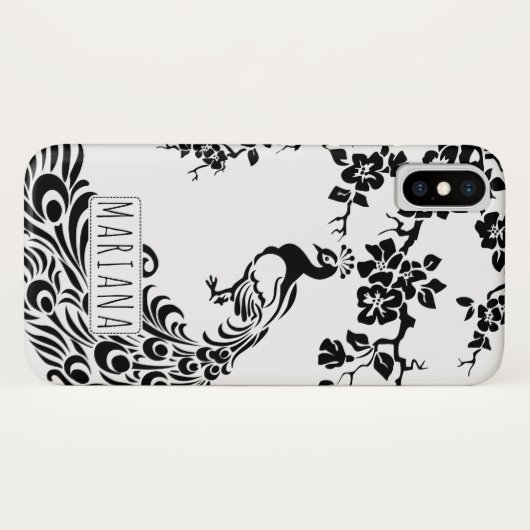 Zwarte, witte pauw & kersenbloesem art nouveau Case-Mate iPhone case (Achterkant (horizontaal))