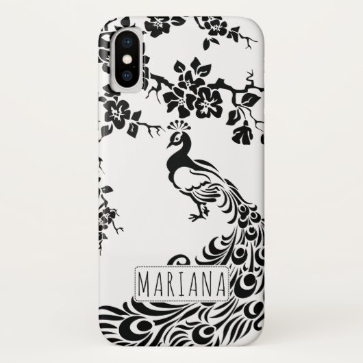Zwarte, witte pauw & kersenbloesem art nouveau Case-Mate iPhone case (Achterkant)