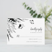 Zwarte witte pen Ink Butterfly Botanisch RSVP Kaartje (Staand voorkant)