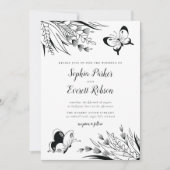 Zwarte witte pen Ink Butterfly Botanische bruiloft Kaart (Voorkant)