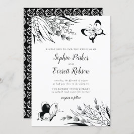 Zwarte witte pen Ink Butterfly Botanische bruiloft Kaart
