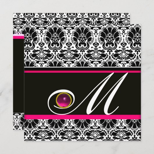 ZWARTE WITTE PINK FUCHSIA DAMASK MONOGRAM Amethyst Kaart (Voorkant / Achterkant)