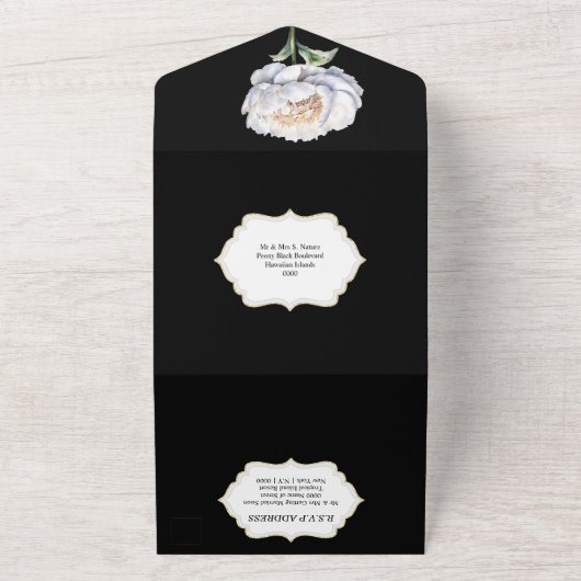 Zwarte witte pioen bloem zomer lente bruiloft all in one uitnodiging (Buitenkant)