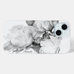 Zwarte witte pioen elegante floral waterverf art iPhone 15 case