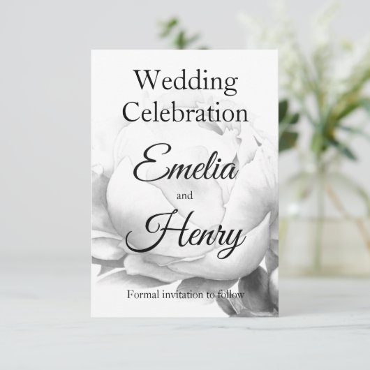 Zwarte witte pioen elegante floral waterverf art save the date (Staand voorkant)