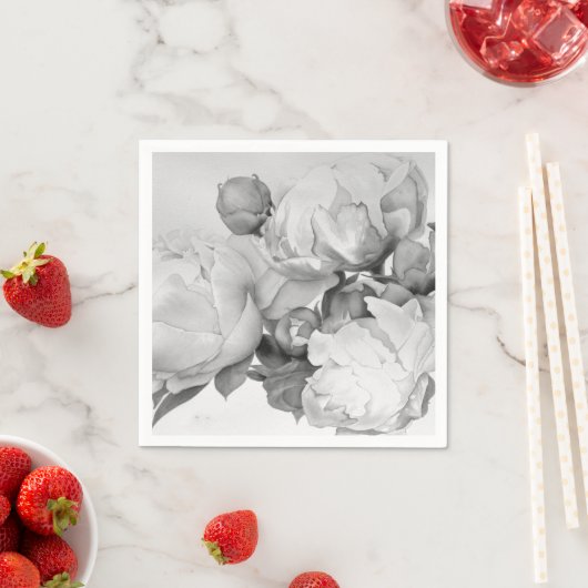 Zwarte witte pioen elegante floral waterverf art servet (Insitu)