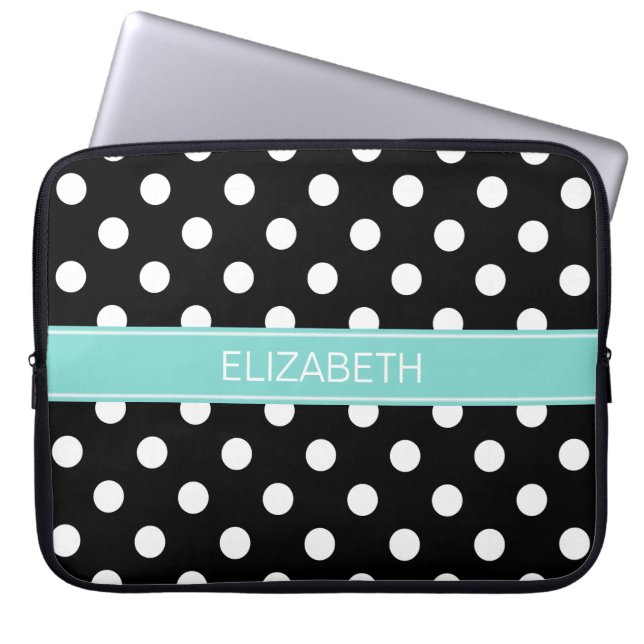 Zwarte witte pooldots #2 Turquoise naam monogram Laptop Sleeve (Voorkant)