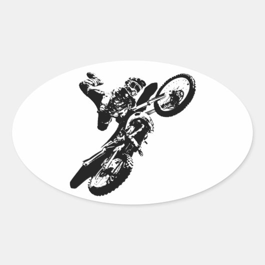 Zwarte witte Pop Art Motocross Motorcyle Sport Ovale Sticker (Voorkant)