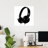 Zwarte witte Pop Art Style Headphone Poster (Thuiskantoor)