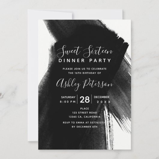 Zwarte witte pushstrokes typografie Sweet 16 Kaart (Voorkant)