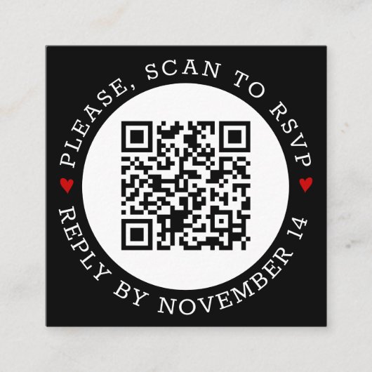 Zwarte witte QR-code RSVP grens rode harten bruilo Informatiekaartje (Voorkant)