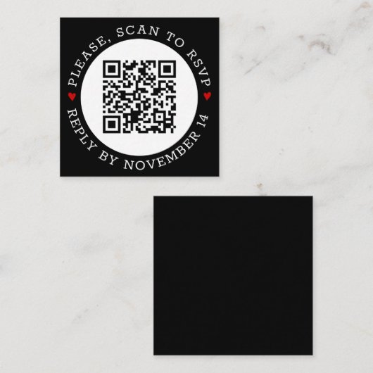 Zwarte witte QR-code RSVP grens rode harten bruilo Informatiekaartje (Voorkant / Achterkant)