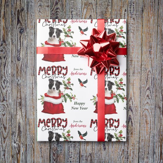 Zwarte witte rand Collie Puppy kerstcadeau Cadeaupapier