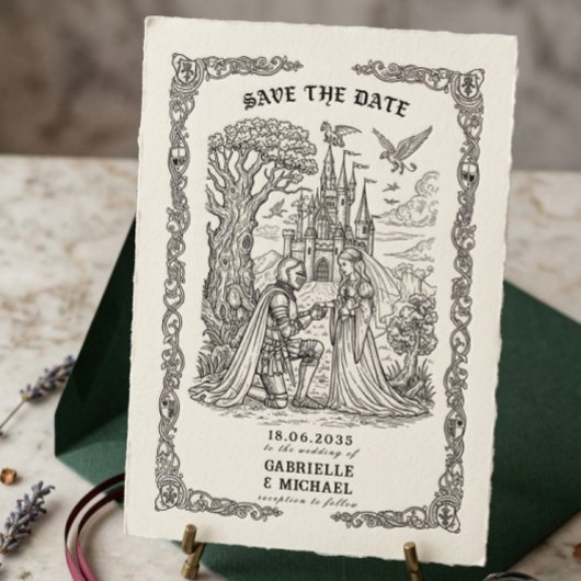 Zwarte Witte Ridder Bruid Kasteel Gotische Bruilof Save The Date