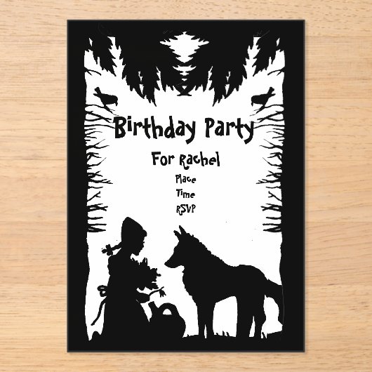 Zwarte witte rijmotorkap Wolf Bomen Verjaardag Acryl Uitnodigingen (Voorkant)