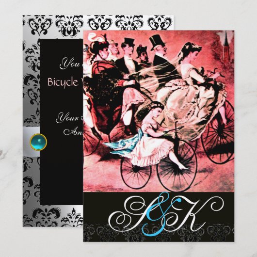 ZWARTE WITTE RODE BICYCLE WEDDING DAMASKMONOGRAM KAART (Voorkant / Achterkant)