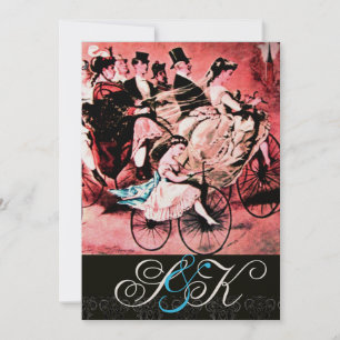 ZWARTE WITTE RODE BICYCLE WEDDING DAMASKMONOGRAM KAART