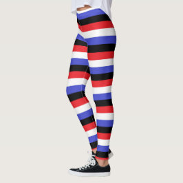 Zwarte, witte, rode en blauwe strepen leggings