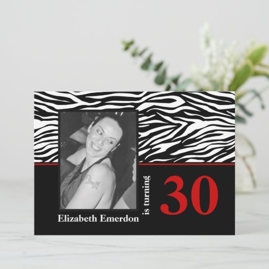 Zwarte witte rode zebra print 30e verjaardag foto kaart (Staand voorkant)