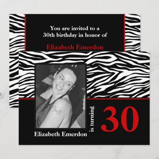 Zwarte witte rode zebra print 30e verjaardag foto kaart (Voorkant / Achterkant)