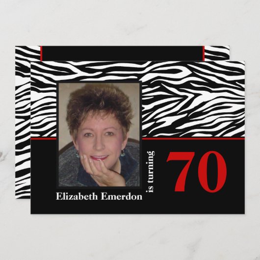 Zwarte witte rode zebra print 70e verjaardag foto kaart (Voorkant / Achterkant)