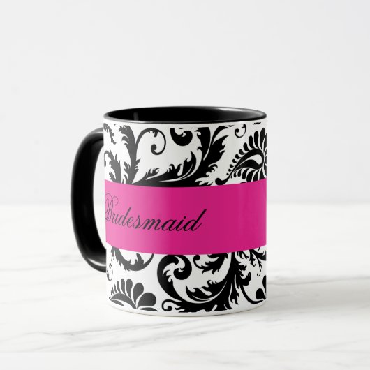 Zwarte, witte, roze Damask Bridesmaid Mok (Voorkant links)
