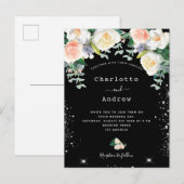 Zwarte witte roze floralen uitnodiging briefkaart (Voorkant / Achterkant)