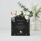 Zwarte witte roze floralen uitnodiging briefkaart (Staand voorkant)