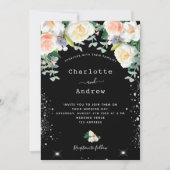 Zwarte witte roze floralen zilverglitter bruiloft kaart (Voorkant)