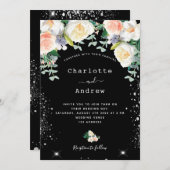 Zwarte witte roze floralen zilverglitter bruiloft kaart (Voorkant / Achterkant)