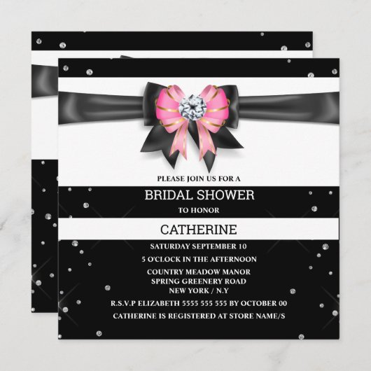 Zwarte witte roze stripe glitterboog sparren kaart (Voorkant / Achterkant)