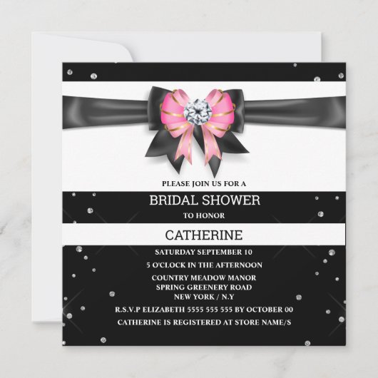 Zwarte witte roze stripe glitterboog sparren kaart (Voorkant)