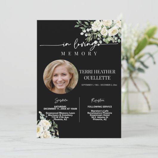 Zwarte witte Rozen begrafenis herdenkingsdienst fo Kaart (Staand voorkant)