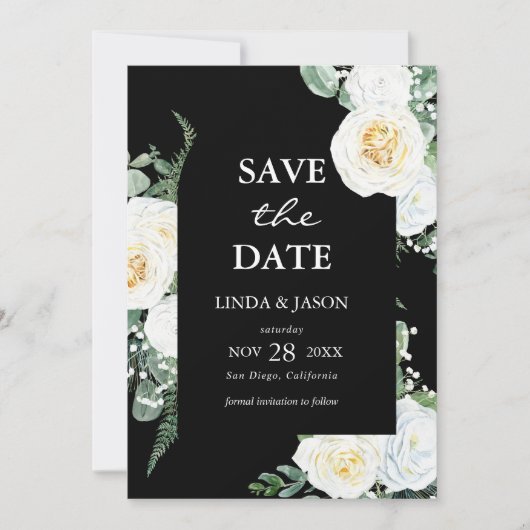 Zwarte witte Rozen bruiloft Save the Date Kaart (Voorkant)