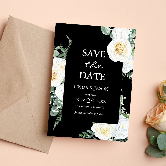 Zwarte witte Rozen bruiloft Save the Date Kaart