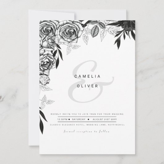 Zwarte Witte Rozen Goth Gedrukte of Digitale Huwel Kaart (Voorkant)