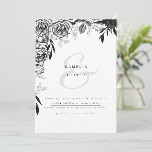 Zwarte Witte Rozen Goth Gedrukte of Digitale Huwel Kaart (Staand voorkant)