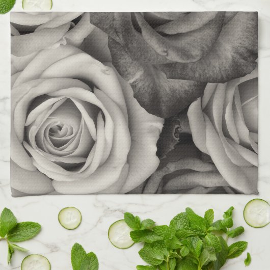Zwarte witte rozen Keukenhanddoek (Gevouwen)