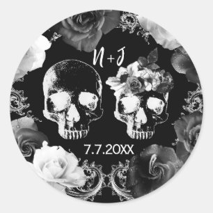 Zwarte Witte Rozen Skelet Schedel Gotische Bruilof Ronde Sticker