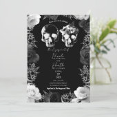 Zwarte witte Rozen Skeleton Skull Engagement Party Kaart (Staand voorkant)