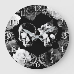 Zwarte witte Rozen Skeletspieren Gothic Glam Clock Grote Klok