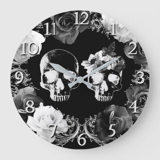 Zwarte witte Rozen Skeletspieren Gothic Glam Clock Grote Klok (Voorkant)