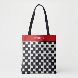 Zwarte-witte schaakpatroon met rode band chic tote bag